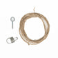 A set from Kromski North America, featuring a coiled piece of natural jute rope alongside a metal hook screw and a small metal loop, reminiscent of components from the Kromski Brake Band Set, is displayed on a plain white background with partial shadows.