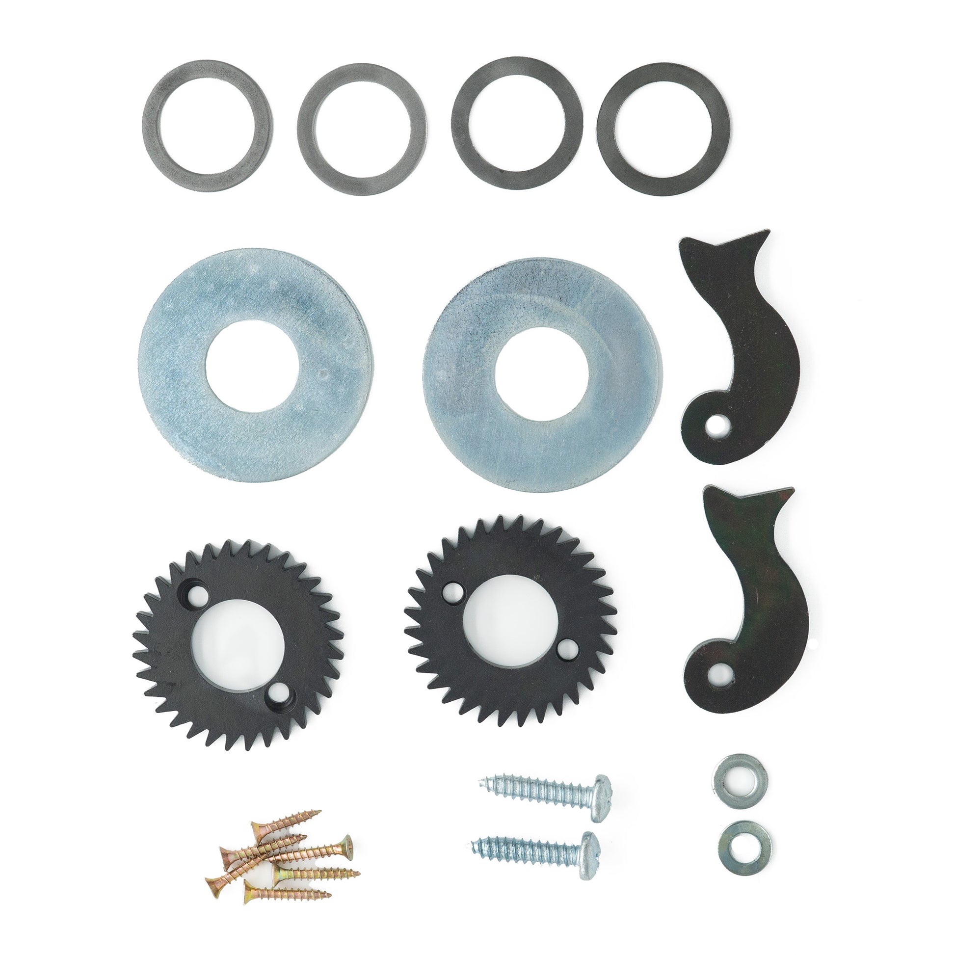 A Kromski North America Harp Forte Ratchet/Pawl Upgrade Kit showcases its hardware components: four circular washers, two metallic discs, a ratchet and pawl upgrade kit complete with toothed gears, curved metal brackets, eight screws of varying sizes, and two metal nuts, accompanied by a rare earth magnet—all elegantly arranged on a pristine white background.