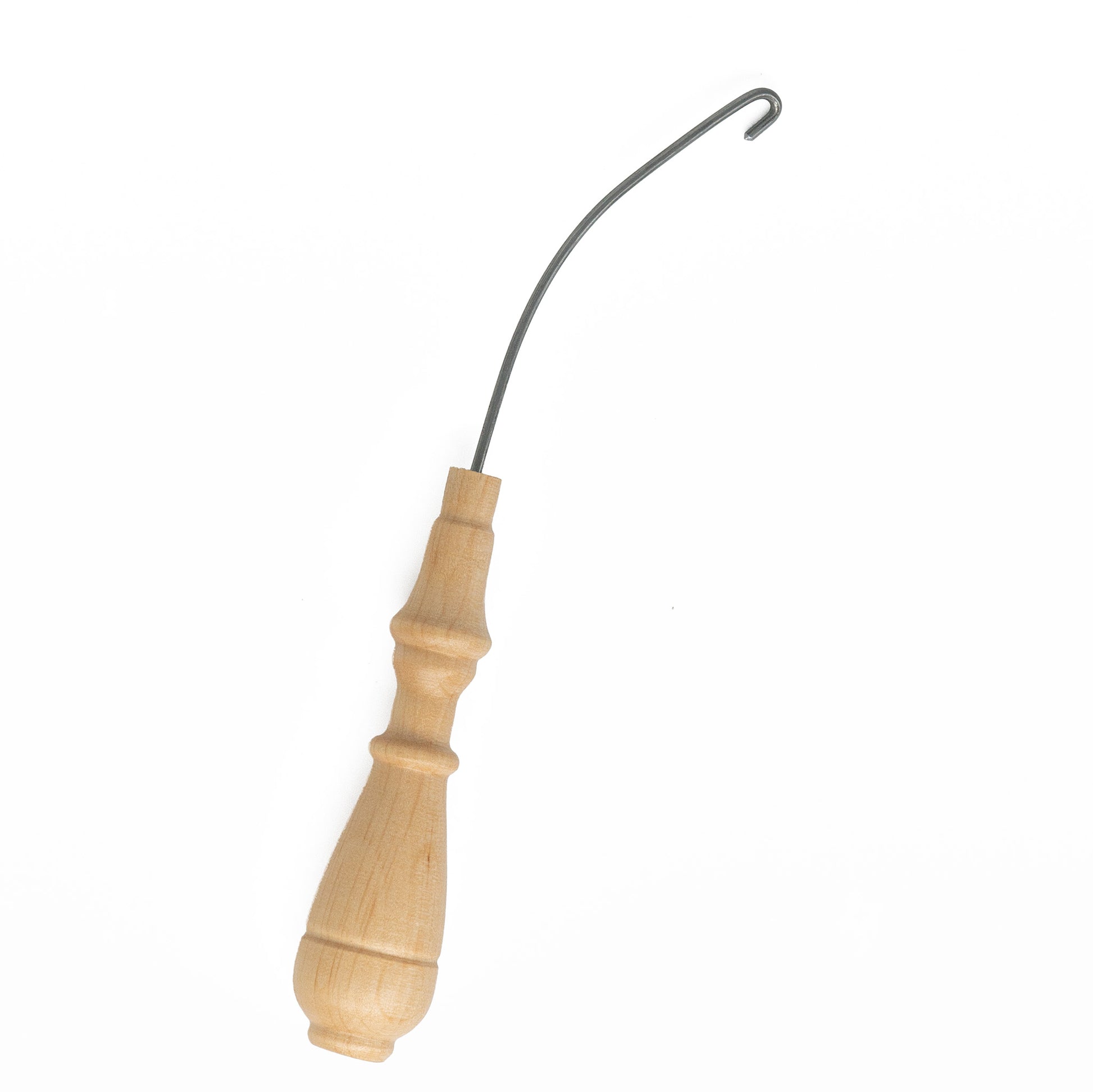 A Kromski Orifice Hook from Kromski North America features a wooden handle and a curved metal tip, perfect for crafting or rug-making. Its ergonomically contoured shape offers a secure grip. Displayed against a plain white background, this tool elegantly showcases its multiple finishes.