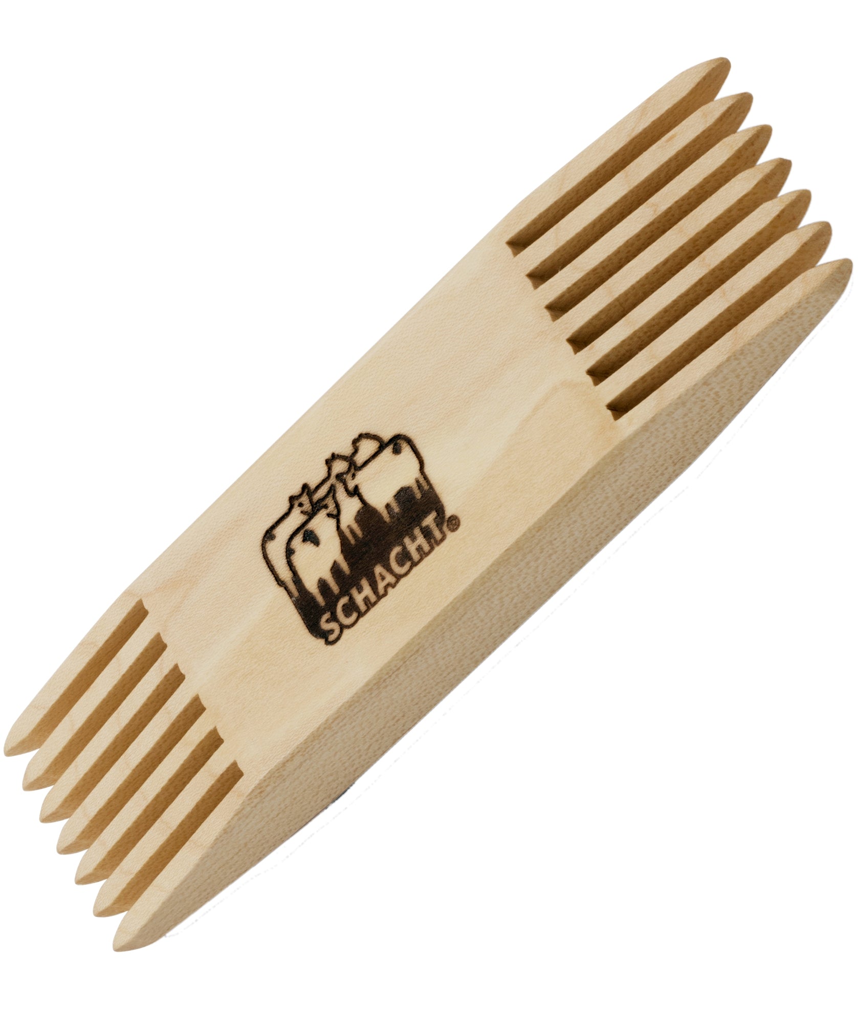 The Schacht Tapestry Beater by Schacht Spindle Co. is a flat, rectangular wooden weaving tool with multiple teeth on each end and a comfortable handle. The center features an engraved logo of three sheep and the word "SCHACHT.