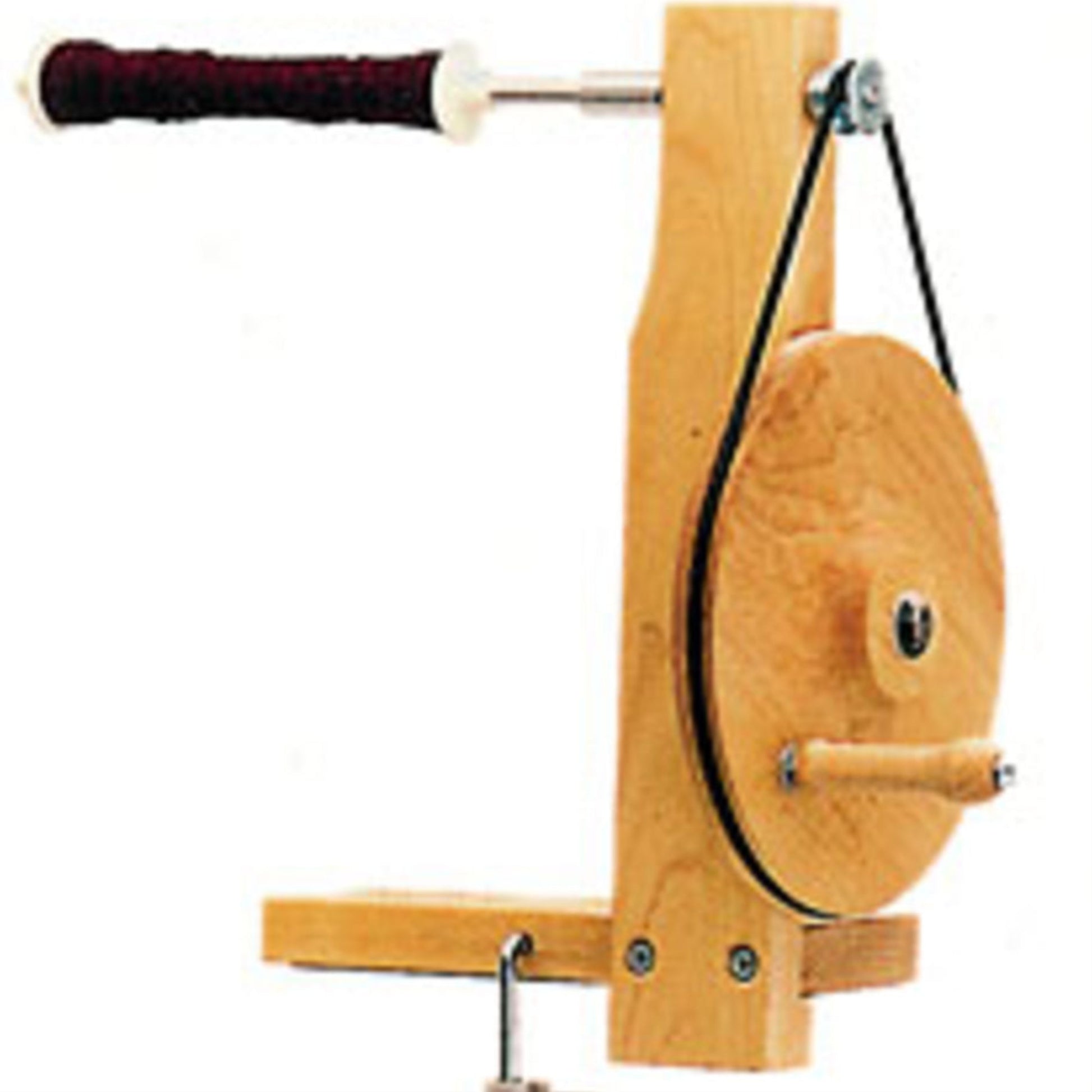 A Schacht Hand Bobbin Winder Drive Belt by Schacht Spindle Co. features a wooden yarn winder with a black handle and a white support structure, complete with a side crank for winding yarn onto a spool.