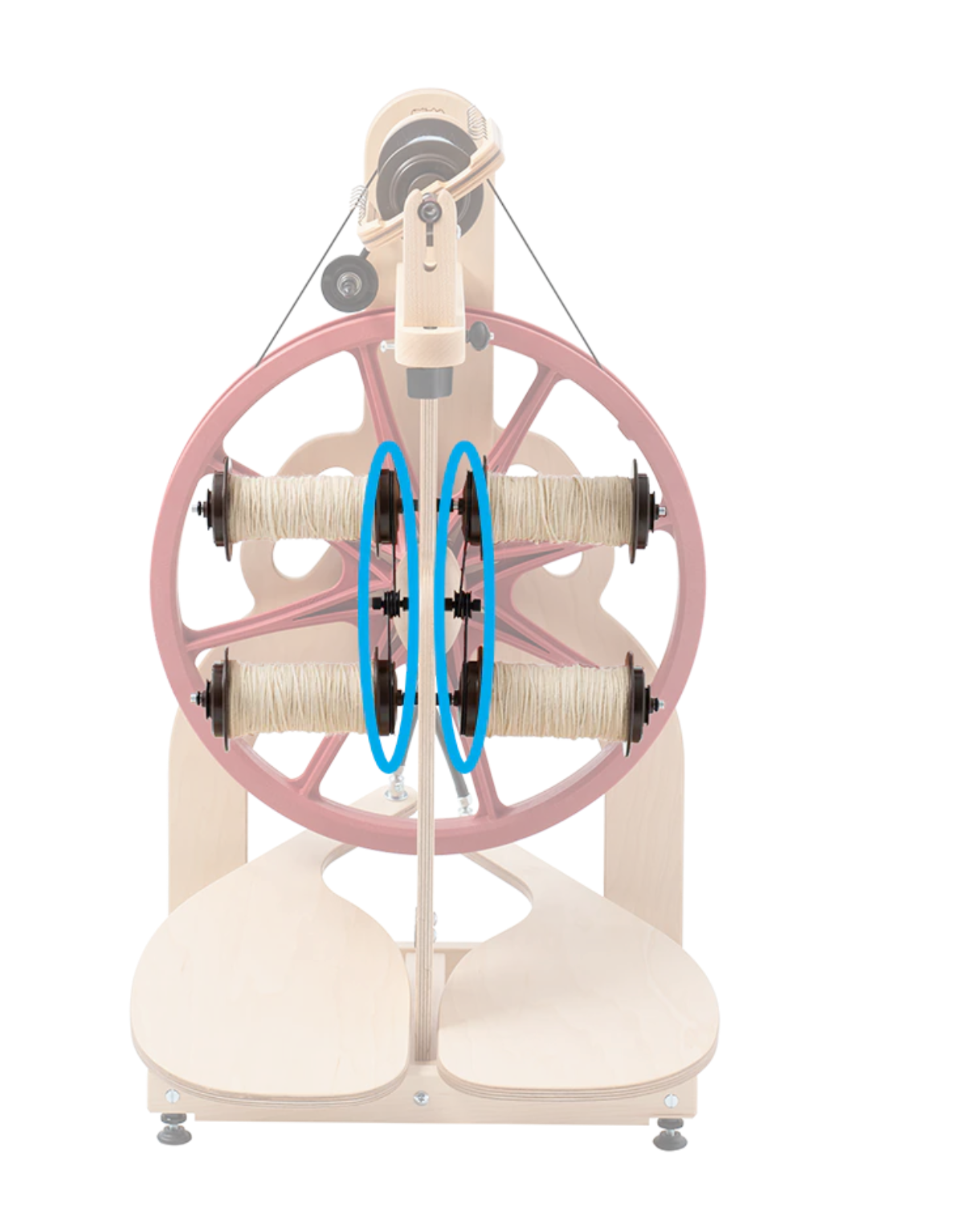 The Schacht Ladybug spinning wheel, featuring yarn spools, showcases a vibrant pink design. It includes two sets of yarn spools wrapped in blue, mounted on a sturdy wooden frame with two foot pedals. Compatible with the Schacht Ladybug Lazy Kate Tension O-Rings (pack of four) by Schacht Spindle Co., its modern and functional design is perfect for yarn spinning enthusiasts.