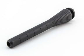 Image of a Schacht Pirn for End-Delivery Shuttle by Schacht Spindle Co. The pirn has a black rubber appearance with a tapered design that gradually widens from the tip to the base, featuring a series of ribbed segments along its length. It appears to be designed for use with an end-delivery shuttle in weaving. The product is set against a plain white background.