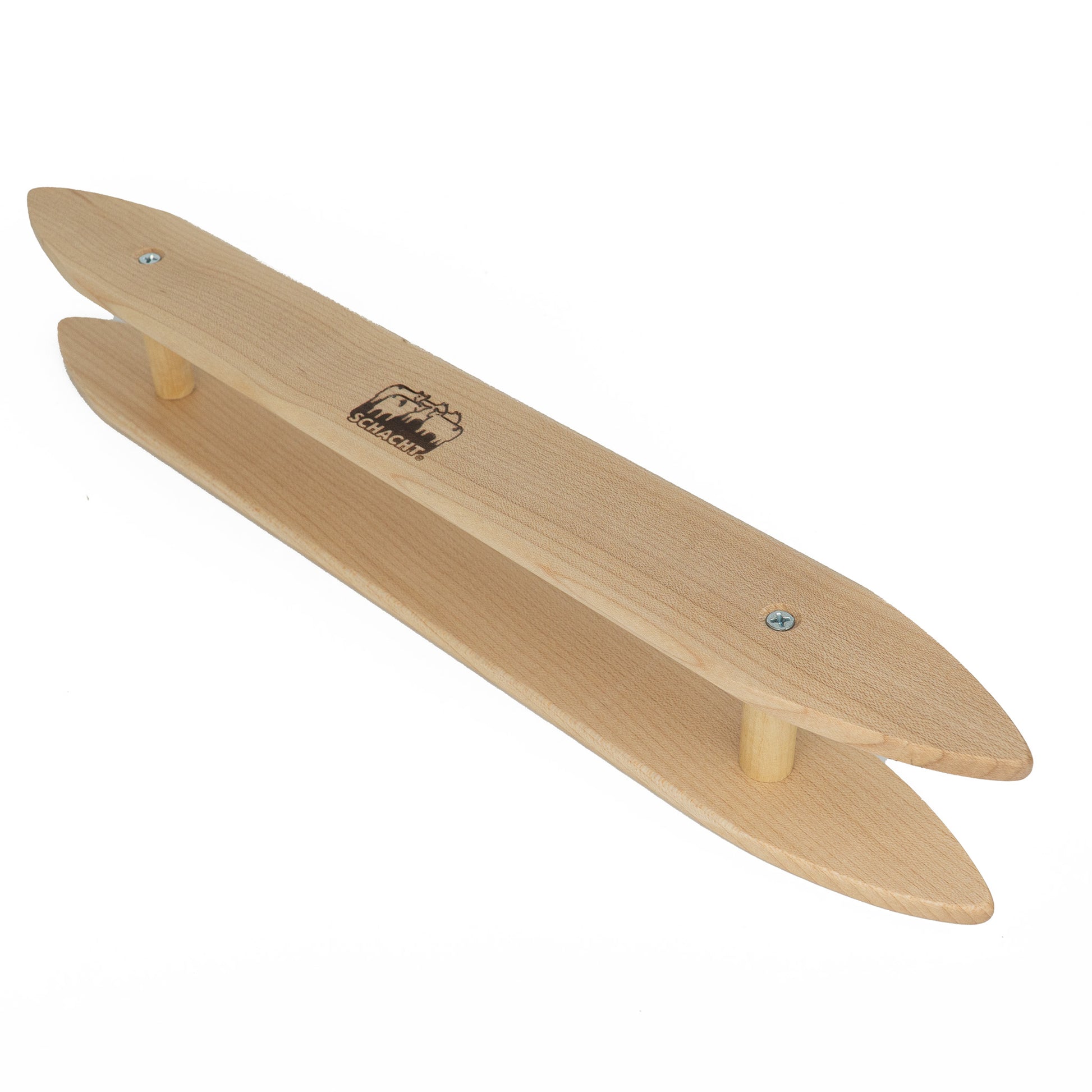 The Schacht Rag Shuttle by Schacht Spindle Co. is a wooden weaving shuttle specifically designed for rag weaving. It features a smooth, elongated build with pointed ends, two parallel rods, and a central platform engraved with a small logo. The shuttle is presented in isolation against a white background.