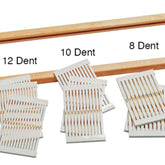 The image displays additional segments for Schacht Rigid Heddle Loom Variable Dent Reeds by Schacht Spindle Co., labeled as 12 Dent, 10 Dent, and 8 Dent. Each reed segment features a specific number of slots per inch and is designed for use in looms like the Schacht looms for textile weaving. These variable dent reed segments are showcased against a white background.