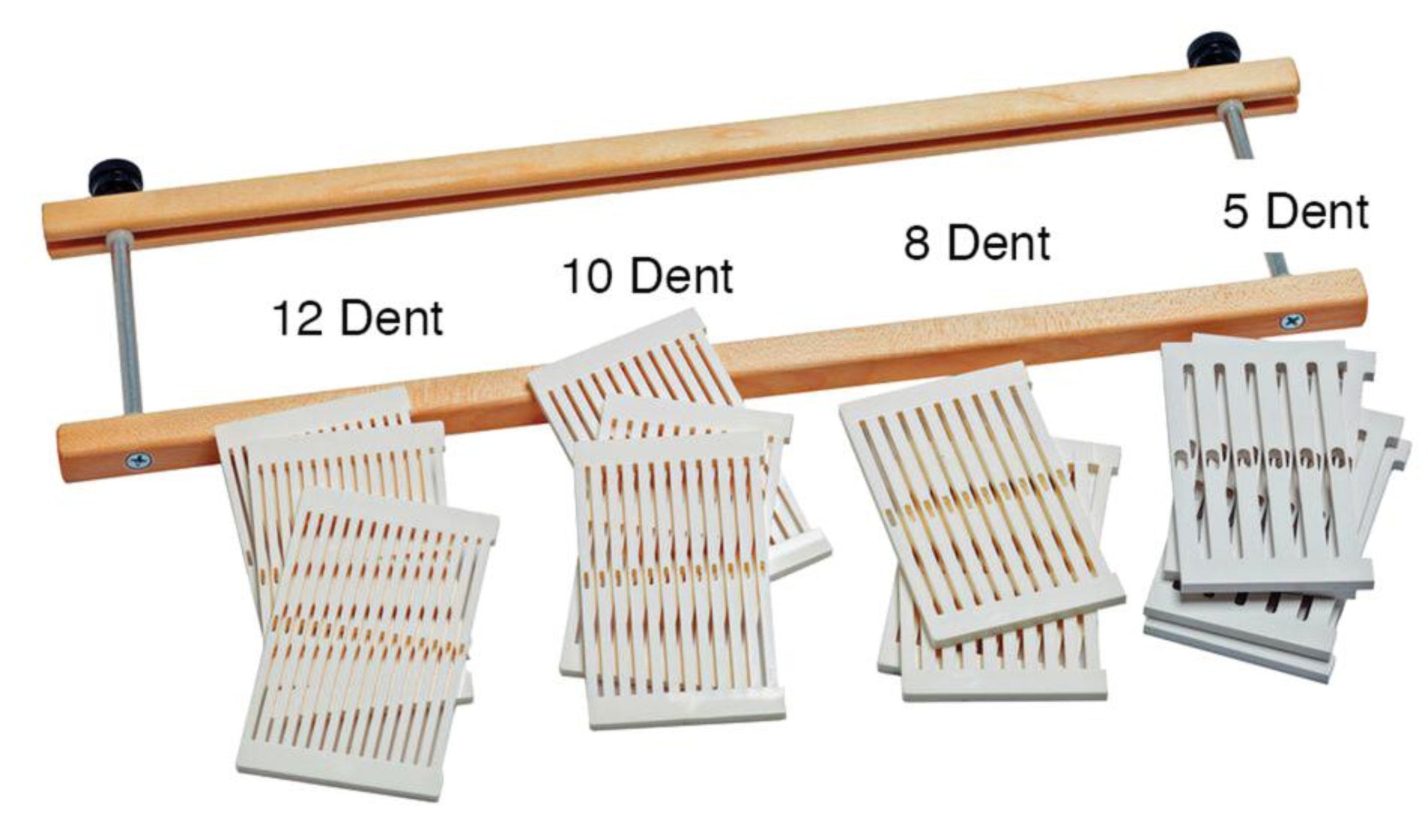 The image displays a collection of Schacht Rigid Heddle Loom Variable Dent Reed Additional Segments from Schacht Spindle Co., featuring plastic weaving reeds or heddles in varying densities (labeled as 12 dent, 10 dent, 8 dent, and 5 dent). These segments are arranged in front of a rigid heddle frame equipped with two metal rods and adjustment knobs. They are designed to be compatible with Schacht looms and offer versatile reed options.