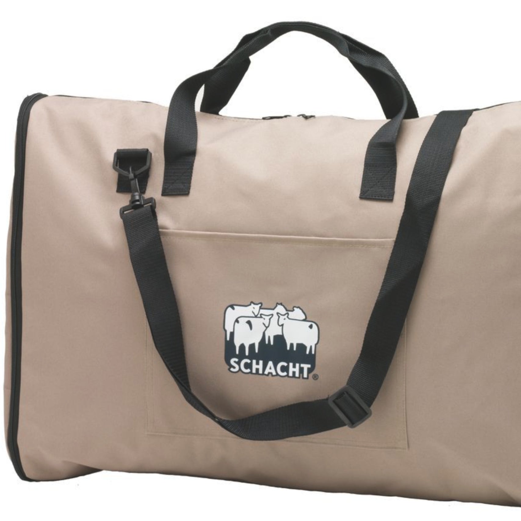 The Schacht Flip Carry Bag from Schacht Spindle Co. is a rugged poly canvas bag in beige with black straps, featuring a front pocket and the brand's logo of three white sheep above the word "SCHACHT." Designed to fit all sizes of the Flip loom (15", 20", 25", 30"), it has a larger main compartment, two handles, and an adjustable shoulder strap, making it perfect for transporting your loom.