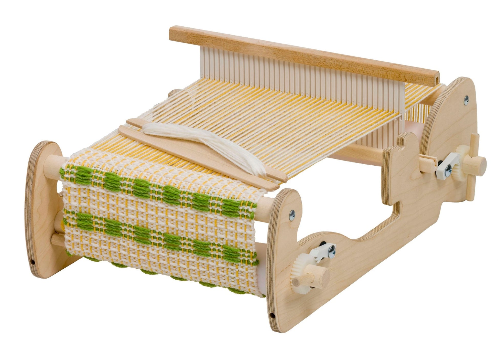 The Schacht Cricket Rigid Heddle Loom by Schacht Spindle Co. is a compact tabletop loom featuring a robust wooden frame and components, ideal for weaving projects. It comes with yellow and white threads set up, and green and white woven fabric already in progress. Additionally, a bundle of white yarn rests on the fabric, making this an excellent portable weaving loom for any enthusiast.