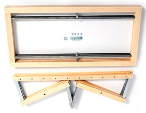 The Schacht Standard Loom 4-Shaft Add-on Kit from Schacht Spindle Co. is disassembled into its components and laid out on a white background. The kit includes a rectangular frame, a folding stand, and various screws and washers needed for assembly.