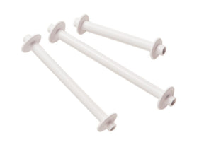 Three Schacht Bobbins, Plastic by Schacht Spindle Co., are arranged diagonally on a white background. These white cylindrical rods of varying lengths each feature a flanged circular end and a capped opposite end, closely resembling the classic Schacht plastic bobbins.