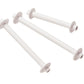 Image shows three Schacht Bobbins, Plastic from Schacht Spindle Co., each featuring rounded ends and disc-like flanges near one end. The bobbins, which vary in length, are arranged diagonally on a plain white background.