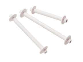 Image shows three Schacht Bobbins, Plastic from Schacht Spindle Co., each featuring rounded ends and disc-like flanges near one end. The bobbins, which vary in length, are arranged diagonally on a plain white background.