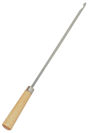 The Schacht Long Straight Threading Hook from Schacht Spindle Co. features a wooden handle at one end and a metal hook at the other, making it perfect for working with rigid heddles.