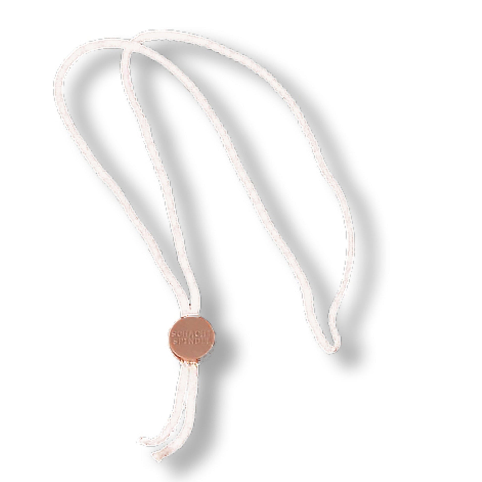 A white adjustable lanyard from Schacht Spindle Co., featuring durable cords and a small, round, copper-colored medallion with text. The lanyard, part of the Schacht Tie-Up Cords (24/pkg), has two loops for wearing around the neck. The image background is white with a soft shadow effect.