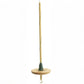 The Schacht Hi-Low Drop Spindle from Schacht Spindle Co. features a wooden shaft with a whorl at the bottom, green thread wound around both components, and a small metal hook attached to the bottom of the shaft. The spindle is displayed vertically against a white background.