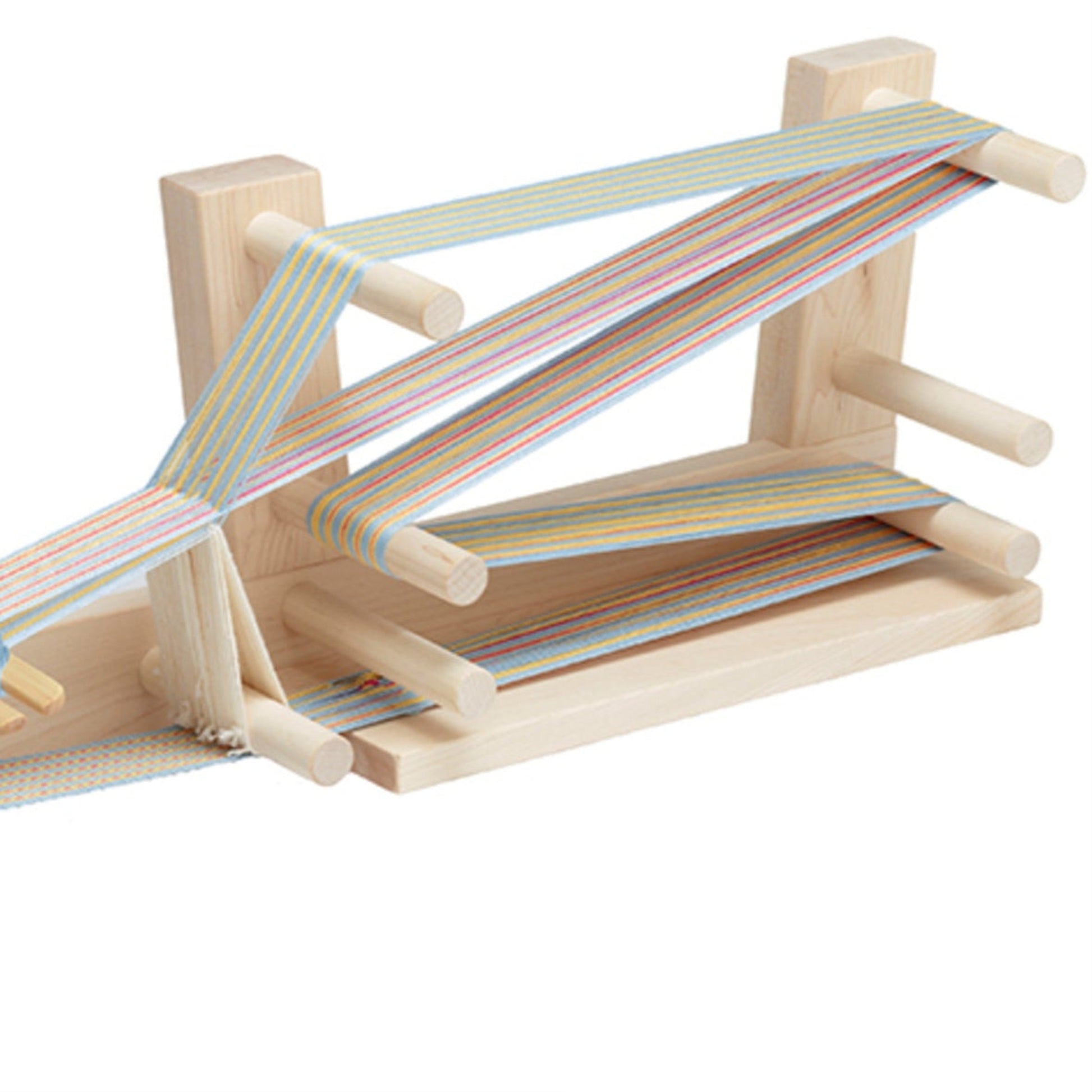 The Schacht Inkle Loom w/Belt Shuttle from Schacht Spindle Co. features colorful striped threads arranged in intricate patterns across multiple pegs on the frame. This portable loom consists of several horizontal and vertical wooden rods, creating varied angles for the weaving process.