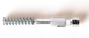 The Schacht Heddle Bar Hook by Schacht Spindle Co. is a metal tool featuring a slender, extended coiled spring at one end and a knurled, textured cylindrical grip in the middle for better handling. The opposite end is designed with a hexagonal fitting, making it ideal for use as a heddle bar hook on Schacht Wolf looms.