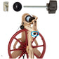 A Ladybug Front Maiden Knob Kit, produced by Schacht Spindle Co., features a wooden spinning wheel with red spokes displayed on a white background. Various components, such as a tire, maiden knob, and threaded metal pieces, are arranged above the wheel. The wheel showcases a blue circle highlighting a specific part of the machine.