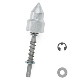 A pointed, metallic bolt paired with a spring and washer from the Double End Hand Winder Live Center Tip Kit by Schacht Spindle Co., accompanied by a circular washer and C-clip, set against a white background.