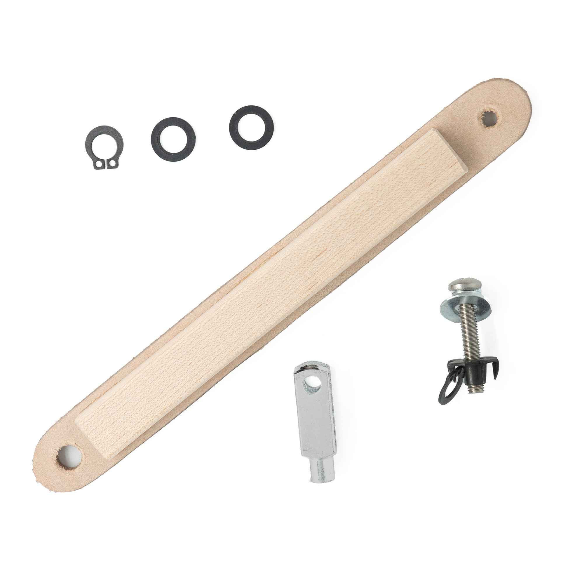 A leather strap with dual holes on each end, a metal shaft equipped with a screw and nut, a silver bracket, and two black washers accompanied by a ring-shaped clip are displayed on a white background—ideal components for putting together your Schacht Spindle Co. Matchless Footman Kit.