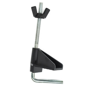 The Schacht Clamp with Wood Block from Schacht Spindle Co., featuring a robust metal clamp with a black plastic grip, threaded screw at the top, and L-shaped base, is ideal for securing objects together without warping pegs.