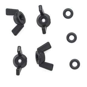 A Schacht Spindle Co. Schacht Tensioned Lazy Kate Hardware Kit, featuring a set of four black wing nuts and four black washers, displayed in two columns on a white background with the wing nuts on the left and the washers on the right.