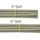 Two bundles of grey, textured Paper Quills from Glimakra are tied with rubber bands. The top bundle, labeled "5" Quill," consists of five quills, while the bottom bundle, labeled "6" Quill," contains six. They resemble weaving bobbins and could easily be used in a quill winder. Each pack includes 10 Paper Quills in total.