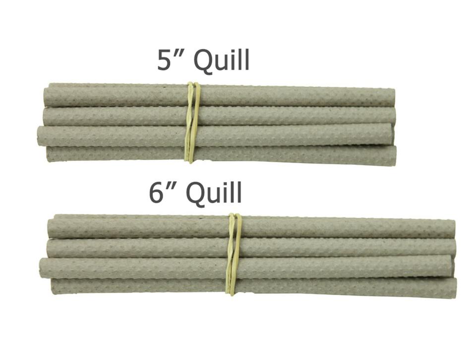 Two bundles of grey, textured Paper Quills from Glimakra are tied with rubber bands. The top bundle, labeled "5" Quill," consists of five quills, while the bottom bundle, labeled "6" Quill," contains six. They resemble weaving bobbins and could easily be used in a quill winder. Each pack includes 10 Paper Quills in total.