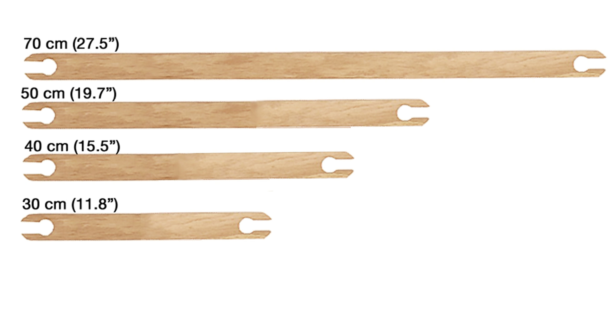 Four Louët Stick Shuttles by Louët Inc. of different lengths with a slim profile. From top to bottom, sizes are labeled as 70 cm (27.5"), 50 cm (19.7"), 40 cm (15.5"), and 30 cm (11.8"). Each shuttle features a similar design with a carved end, all boasting a smooth finish.
