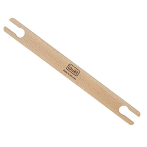 The Louët Stick Shuttle by Louët Inc. is a slim-profile, flat wooden tool featuring two prong-like ends and a stamped logo at its center. Ideal for yarn or textile work, it offers a smooth finish and light wood tone, reminiscent of classic stick shuttles.