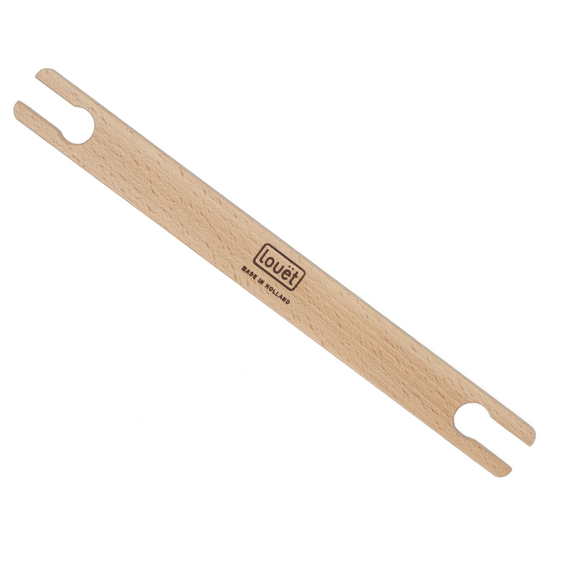 The Louët Stick Shuttle by Louët Inc. is a wooden weaving tool with a slim profile and two notches on each end, featuring a smooth finish and the "Louët" logo in the center.