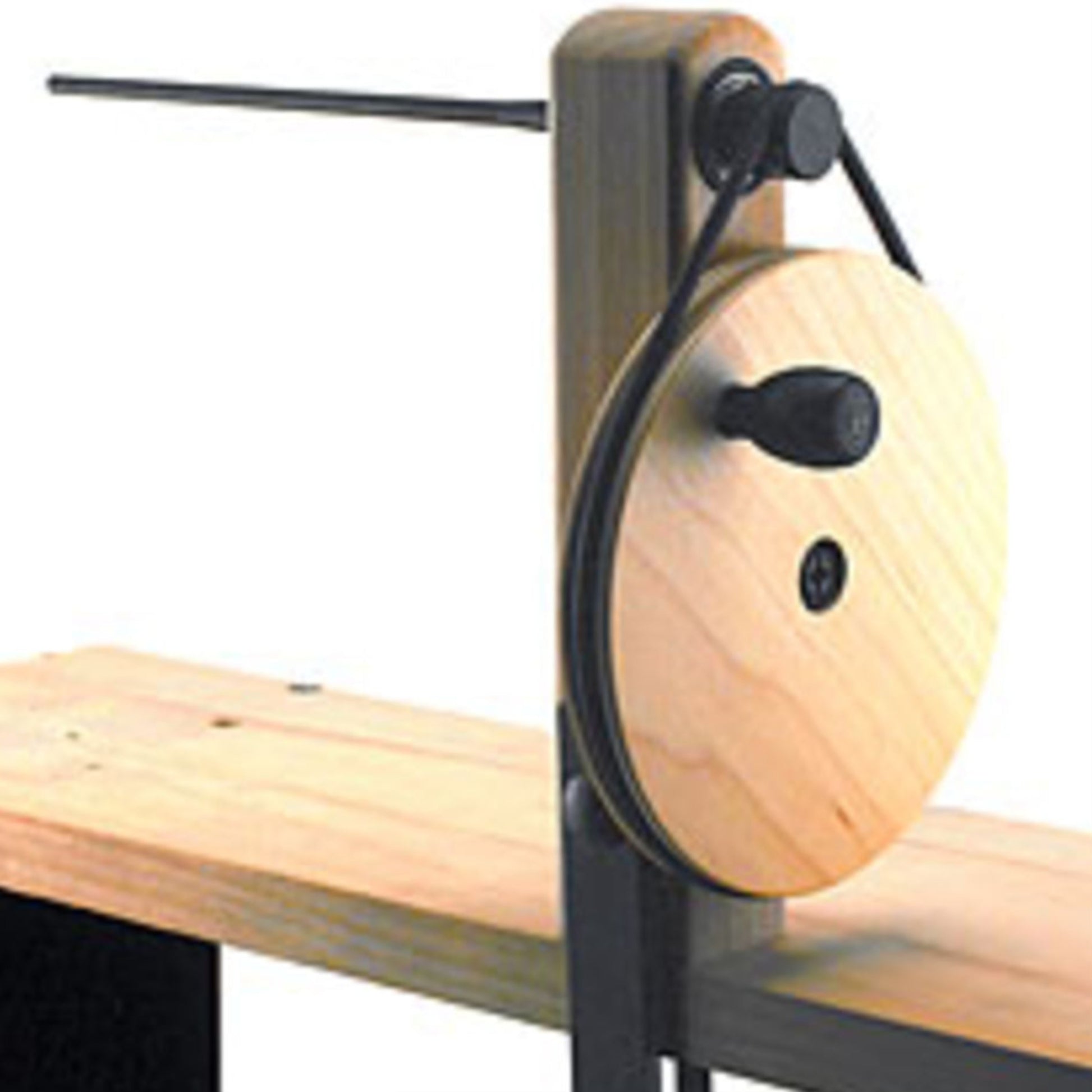 The Louët - Single-Ended Hand Winder by Louët Inc. features a wooden spinning wheel with a circular wheel and handle, mounted on a wooden surface. A black metal arm extends horizontally from the top, making it ideal for tasks such as winding yarn or string.