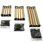 Three Louët Magic Dobby program bar sets from Louët Inc., each including perforated slats and plastic connectors, are laid out alongside four bags filled with black plastic pieces. The components, designed to support a variety of DIY woodworking or educational projects, offer extra capacity for more intricate designs.