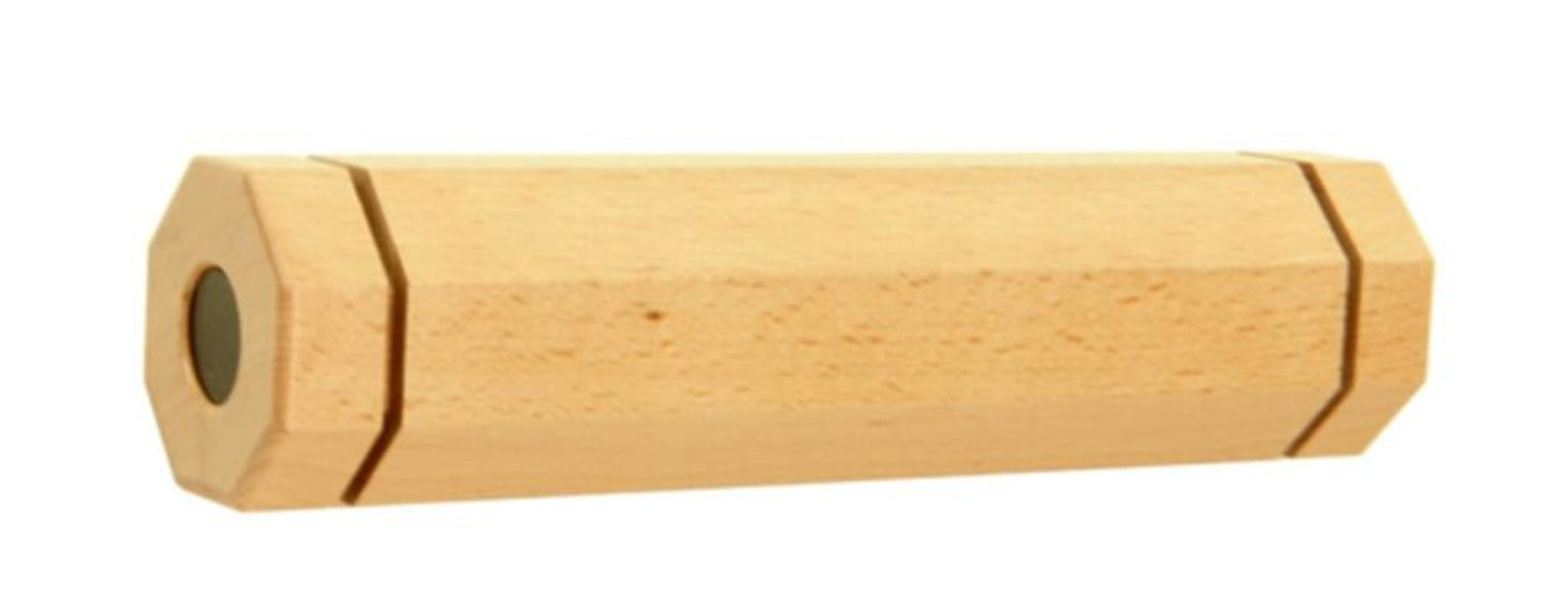 A hexagonal wooden stick with a small hole on one end and continuous grooves running around two of its faces, similar to the detailed design of the Louët Magic Dobby weight for program bars by Louët Inc.