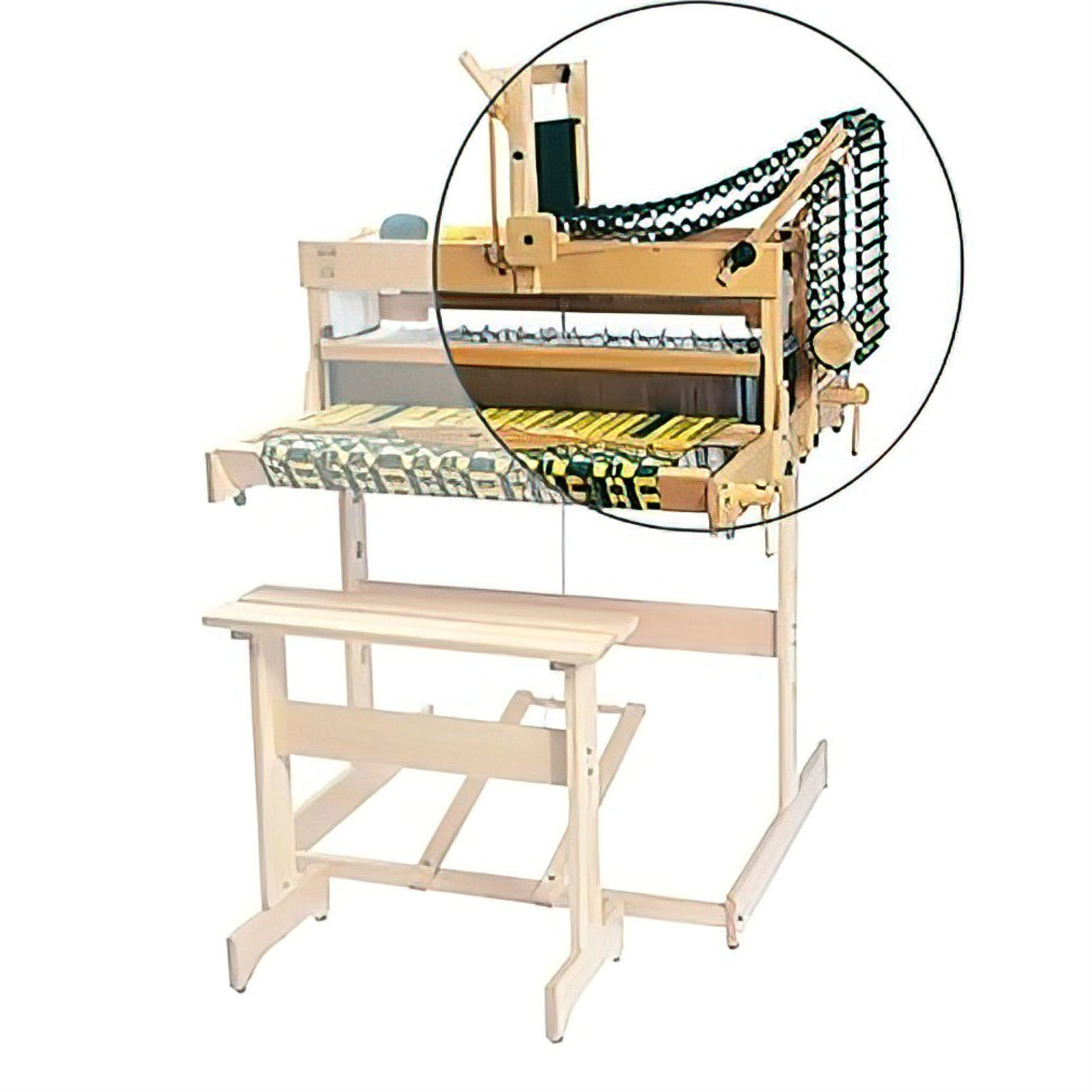 A Louët Magic Dobby Head weaving loom by Louët Inc., complete with a matching bench, is shown. The loom displays a partially woven black and yellow textile. An inset circular magnification provides a closer view of the loom's intricate yarn threading and mechanics.