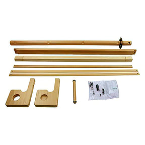 The components of the Louët Second Warpbeam Kit by Louët Inc. are spread out on a white surface, forming an unassembled clothing rack. The set features two rectangular bases with circular cutouts, several long rods, and a cylindrical central rod with an attached metal ring. An instruction sheet is also visible among these intriguing pieces.