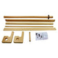 The Louët Second Warpbeam Kit, by Louët Inc., includes disassembled wooden components, screws, and metal fittings for furniture assembly, along with an instruction sheet. The parts consist of long beams, an extra warp beam, shorter slats, dowels, and two wooden brackets with circular cutouts.