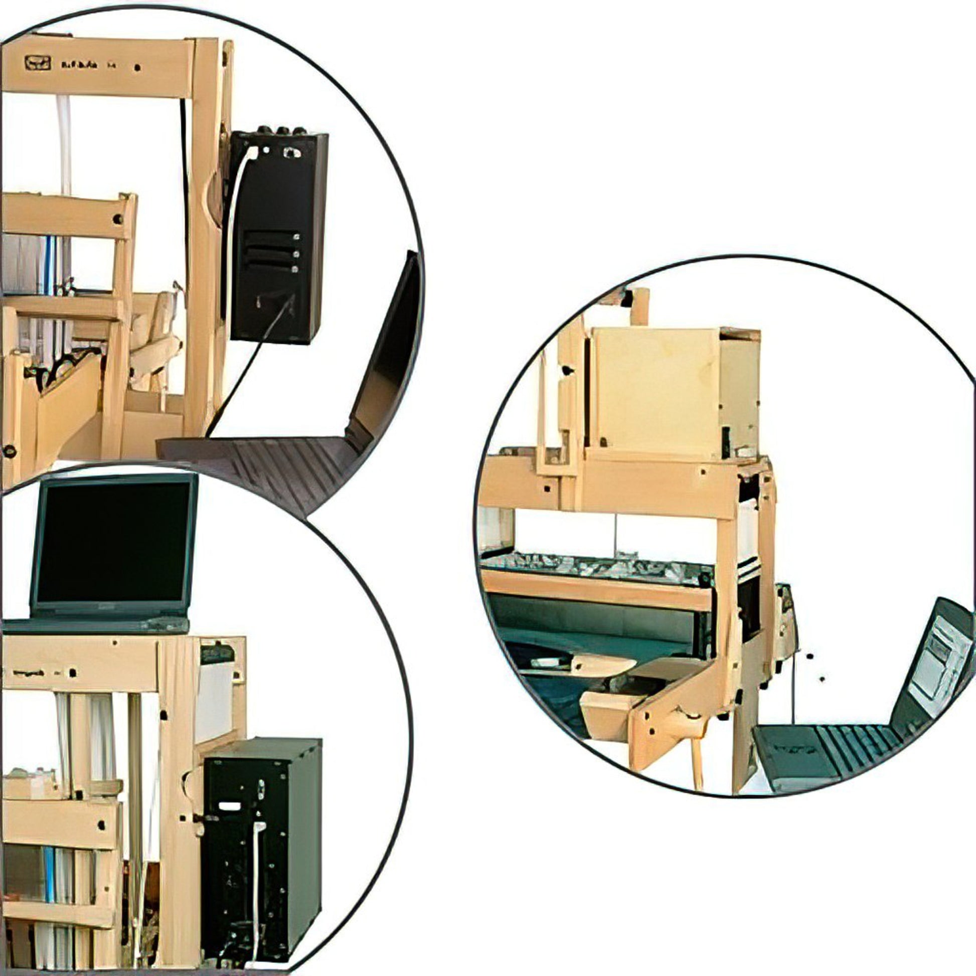 Three close-up images of the Louët Magic Dobby Head, a wooden contraption by Louët Inc. equipped with black electronic components and laptops. Each section of the Louët Magic Dobby Head shows different angled views, with laptops placed next to or connected to the device, demonstrating a tech-setup on a wooden frame.