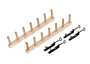 Two Louët Warping Posts featuring five beech hardwood pegs each are displayed. Beside them are two sets of metal hooks and brackets, designed for wall mounting. The metal components appear to be adjustable, offering versatile hanging options - an ideal warping solution for rigid heddle weavers from Louët Inc.