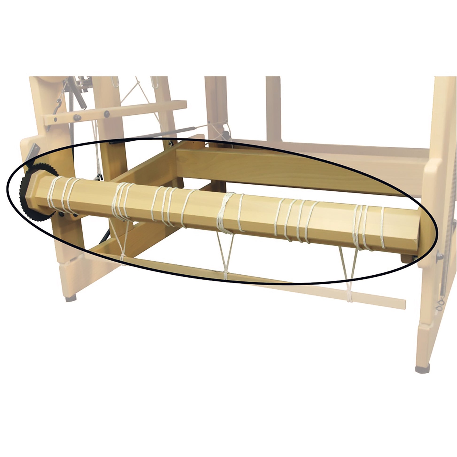 A Louët loom featuring the Louët Second Warpbeam Kit, emphasized by a distinct black oval. The second warp beam is equipped with multiple strings, ready for weaving. The loom's frame is made of light wood and displays an intricate design with numerous pegs and components visible.