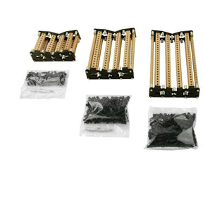 Ten Louët Octado 8 Shaft Program Bars from Louët Inc. are laid out next to three plastic bags containing black plastic pegs and other small components on a white background, offering extra capacity for organized storage.