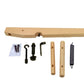 The Louët Friction Brake for older Spring and David Looms by Louët Inc. is a disassembled wooden latch kit that includes a wooden arm, two dowels with holes, a spring loom, a hook, a bolt, a metal latch, and a bag of small screws. The parts are arranged on a white background.