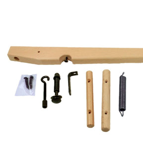 The Louët Friction Brake for older Spring and David Looms by Louët Inc. is a disassembled wooden latch kit that includes a wooden arm, two dowels with holes, a spring loom, a hook, a bolt, a metal latch, and a bag of small screws. The parts are arranged on a white background.