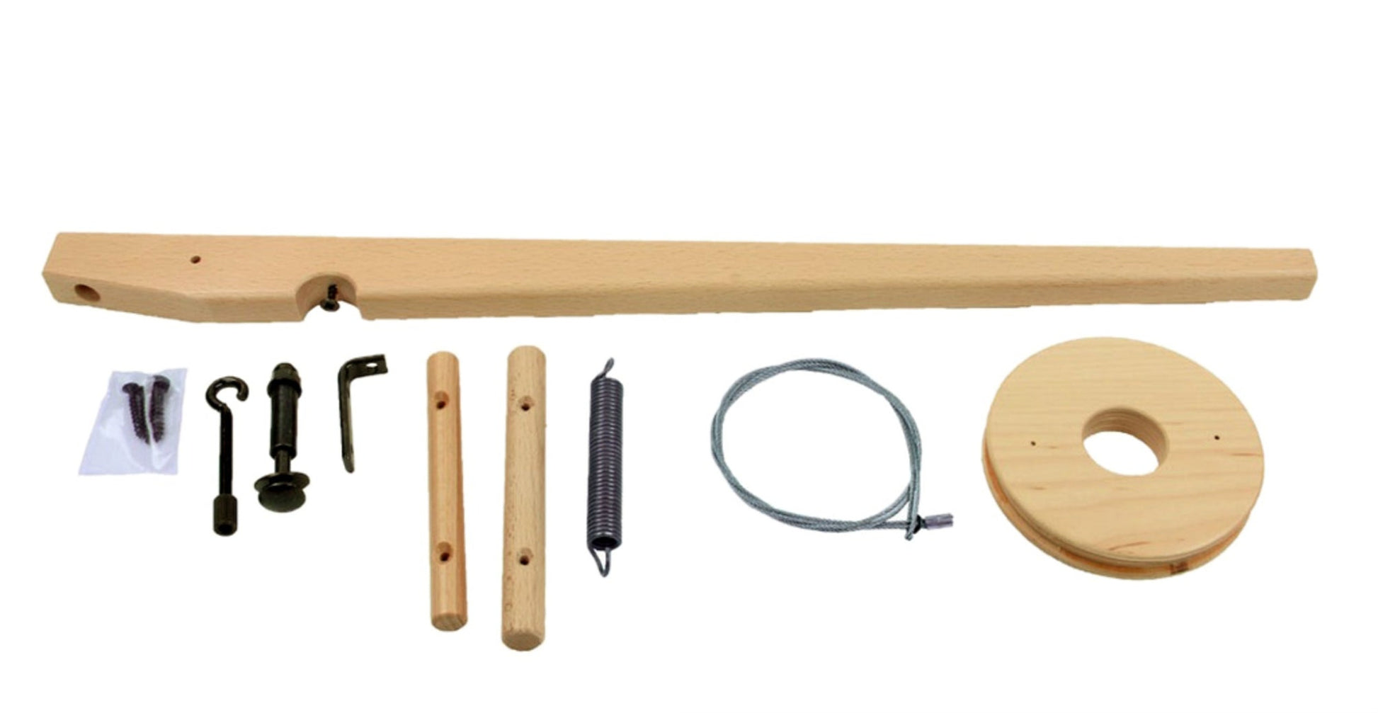 Displayed on a white background are wooden parts and hardware for a Louët Friction Brake by Louët Inc., suitable for older Spring and David Looms. The items include wooden pieces, screws, the friction brake itself, a cable, a circular wooden disc, bolts, and small brackets.