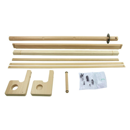 Components for a ballet barre set are laid out, including wooden bars of various lengths, two wooden brackets, a smaller cylindrical piece, and a bag of screws and assembly hardware. The parts are displayed on a white background, reminiscent of the fascinating structures one might find in the Louët Second Warpbeam Kit from Louët Inc.