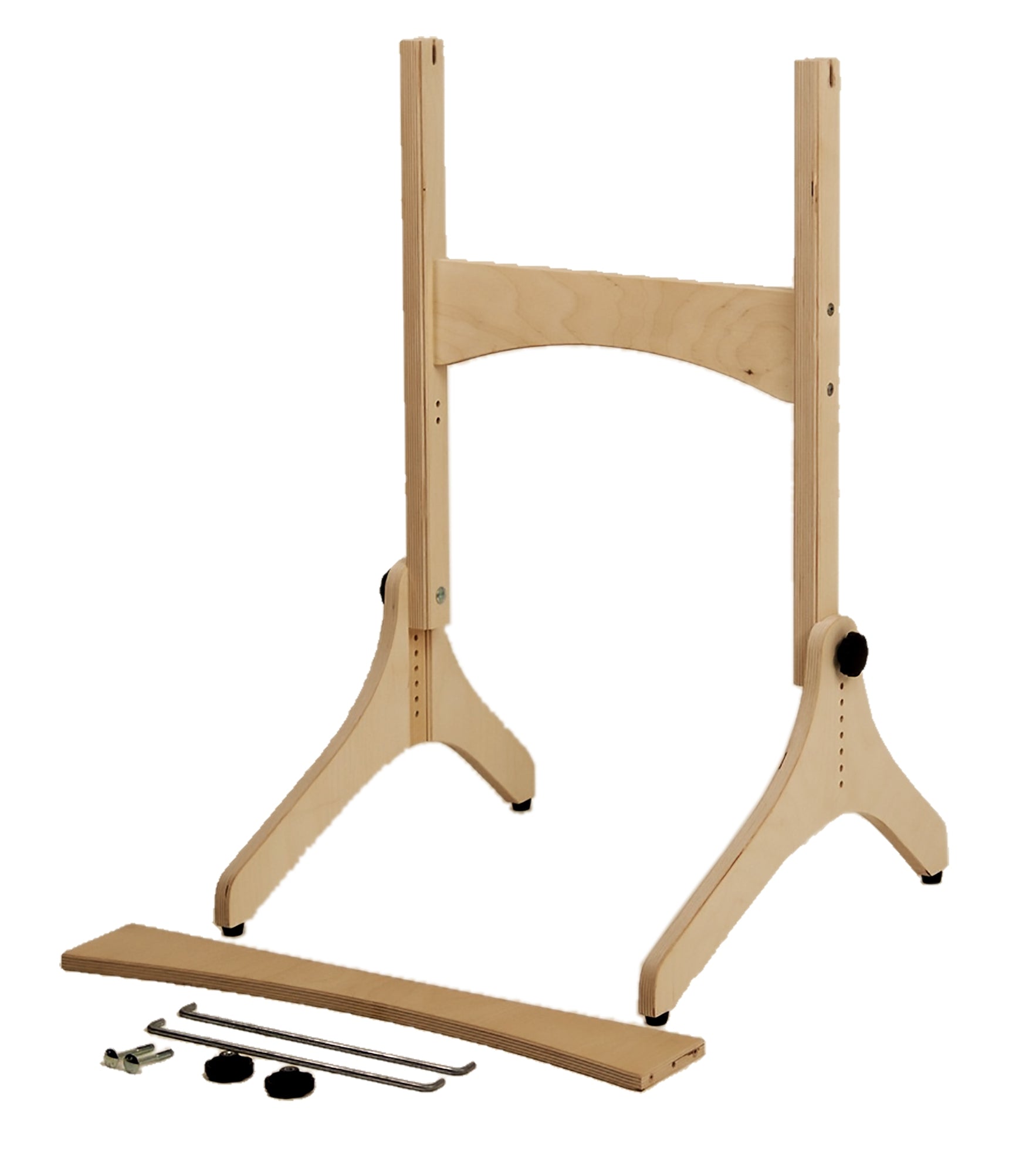 The Louët Loom Floor Stand by Louët Inc. is a wooden, adjustable stand with a wide base and a central vertical support, specifically designed for the Louët Jane Table Loom. It includes a metal bracket, two small black knobs, and two L-shaped wrenches laid out in front, making it perfect for holding or displaying your weaving masterpiece.