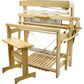 Introducing the Louët David 3, an 8-shaft floor loom by Louët Inc., paired with a matching wooden bench. This robust loom features multiple levers, pedals, and strings arranged for the weaving process. Several heddles are visible, showcasing its sturdy construction and natural wood finish.