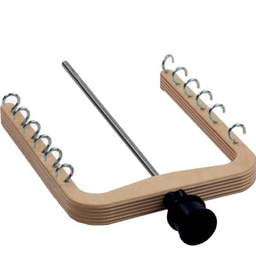 A wooden Louët Flyer with fixed hooks, designed for Bobbin Lead (Irish Tension) wheels by Louët Inc., featuring ten metal hooks along the top edges and a central adjustable metal rod secured with a black knob.