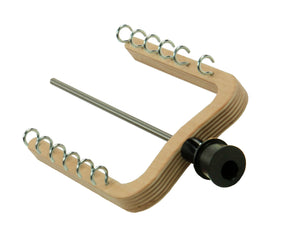 The Louët Flyer with fixed hooks for Bobbin Lead (Irish Tension) wheels, manufactured by Louët Inc., is a wooden yarn tensioning tool featuring eight metal eyelets for guiding the yarn. It includes a wooden U-shaped frame, a central metal rod, and an adjustable black knob for tightening.