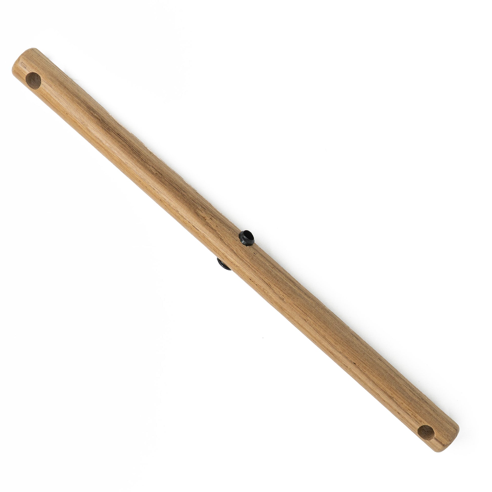 Two Louët Rocker Arms from Louët Inc. are connected with a string, forming a simplistic percussion instrument that reflects the craftsmanship reminiscent of the Victoria spinning wheel. Each arm features a small hole near its end, and the natural finish of the wood highlights its smooth texture. The arms are arranged diagonally.